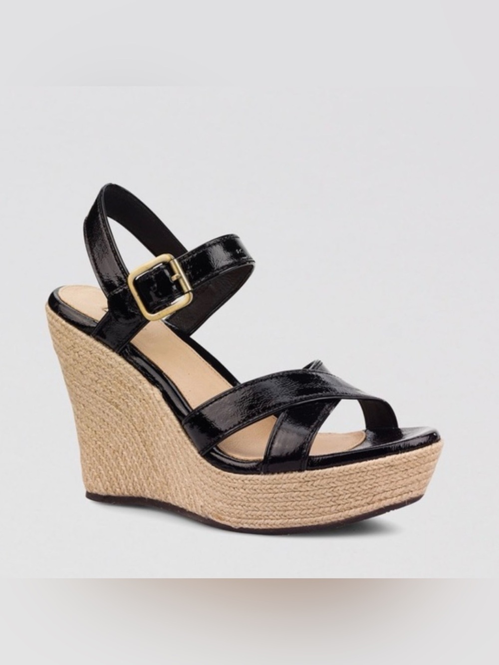 Ugg Sz 7 38 Black Patent Leather Espadrille Wedge Heel Platform Sandals